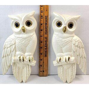 Vintage Chalkware White Owl Wall Plaques Hand-Painted Retro Mid Century Decor